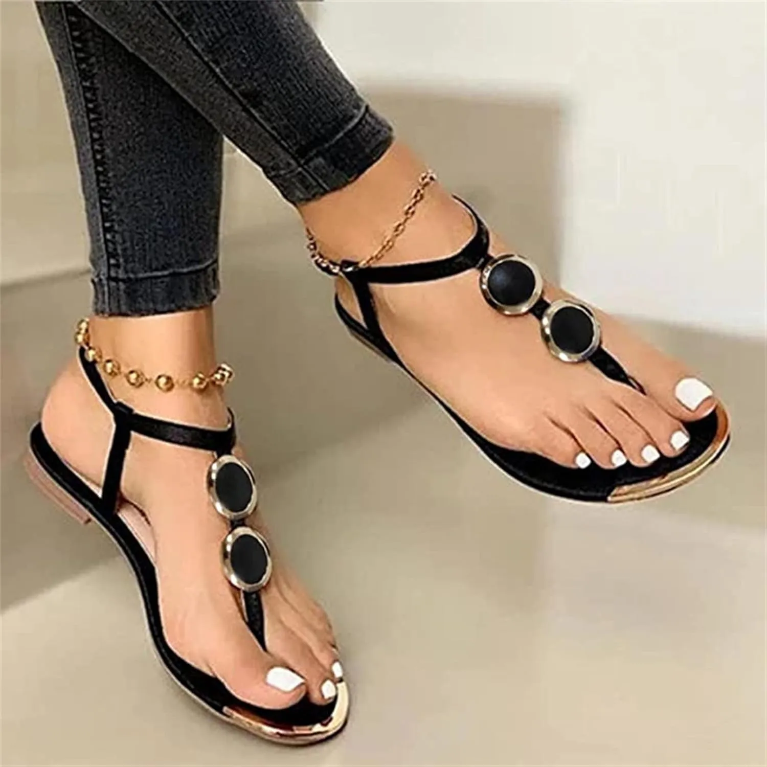 Lausiuoe Sandals for Women Dressy Summer,Women's Comfy Strappy Flat Sandals Casual Comfort T-Strap Gladiator Beach Sandals