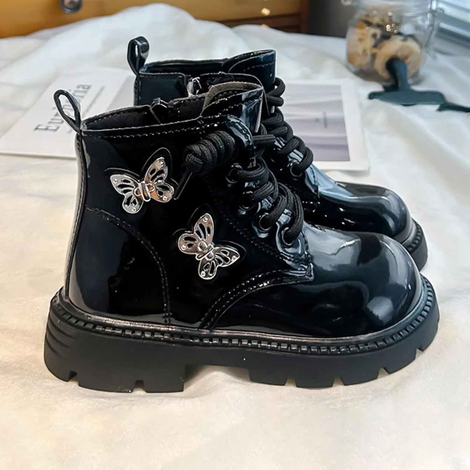 Leather Bowknot Booties For Girls Kids Sole Non Slip aterproof Boots Shoes Kids ow Heel Lace-Up Side Zipper Boots