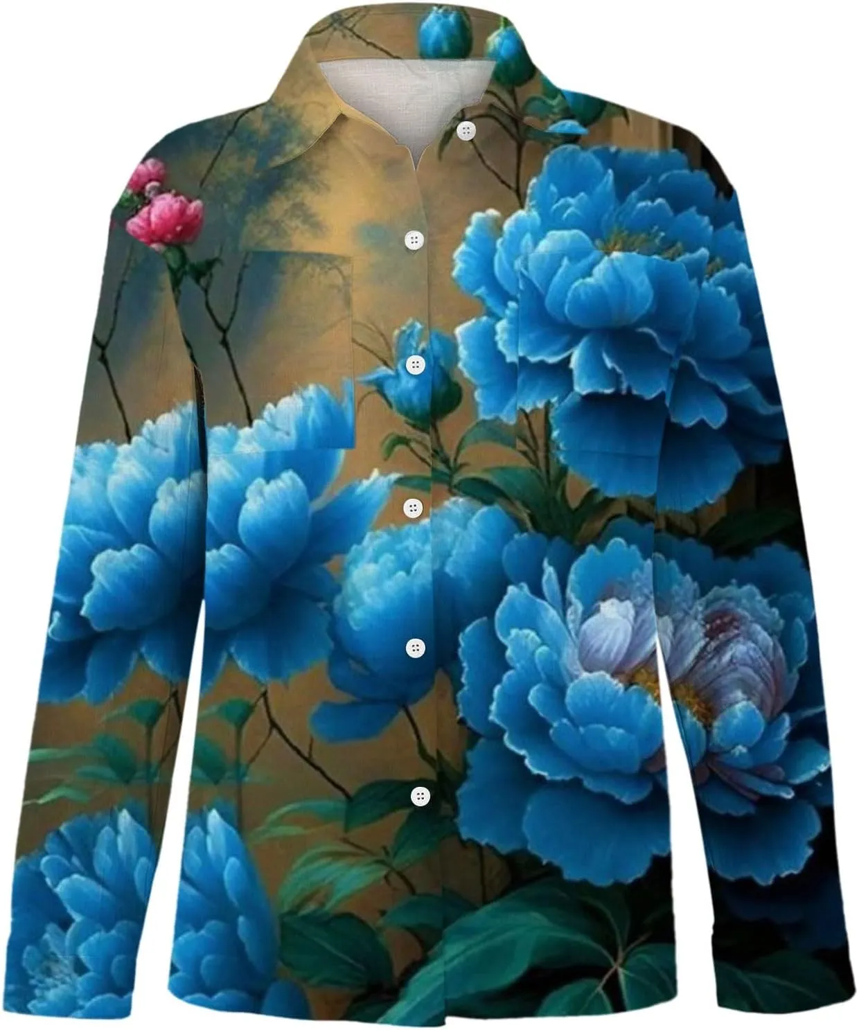 Linen Boho Floral Shirts for Women Long Sleeve Button Down V Neck Ethnic Tops Casual Blouse Summer Vintage Shirts