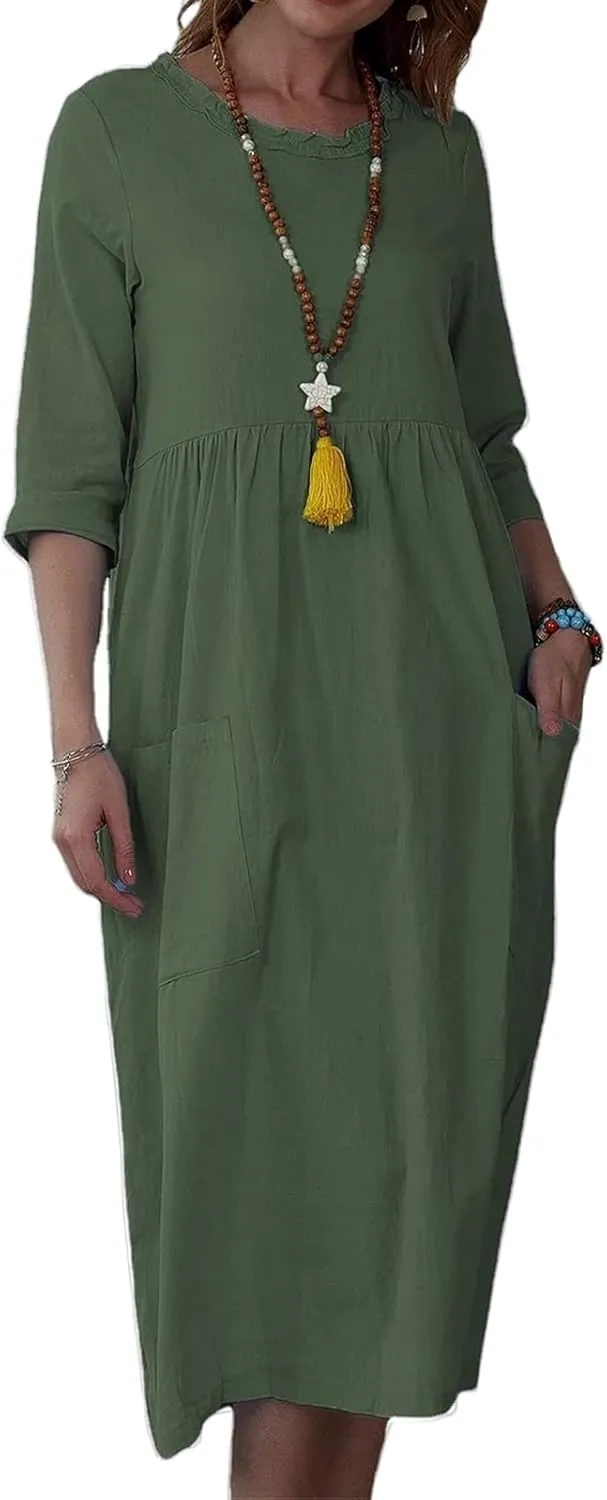 Linen Dresses for Women 2025 Crewneck 3/4 Sleeve Midi Dress Loose Shift Dress Casual Summer Dresses with Pockets