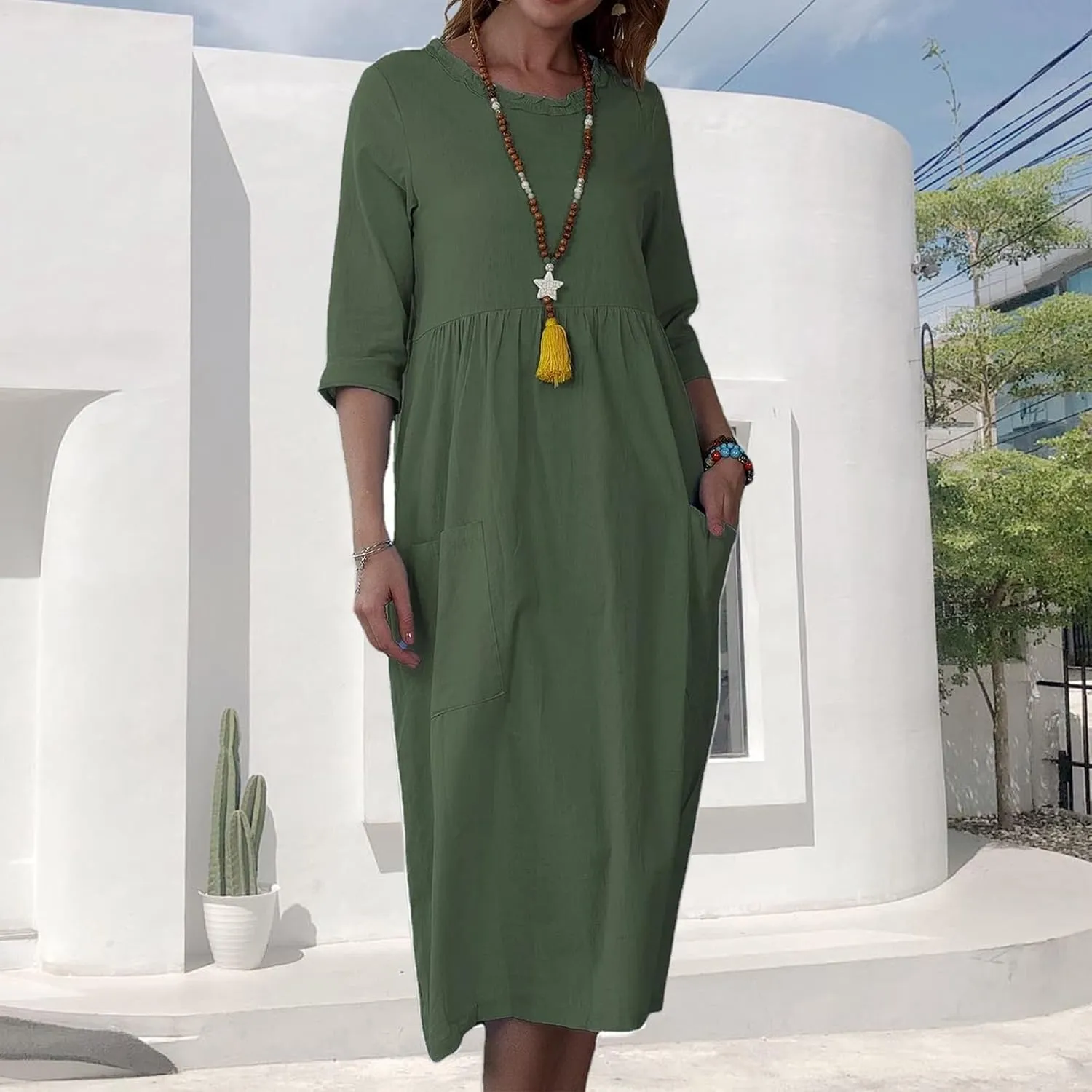 Linen Dresses for Women 2025 Crewneck 3/4 Sleeve Midi Dress Loose Shift Dress Casual Summer Dresses with Pockets