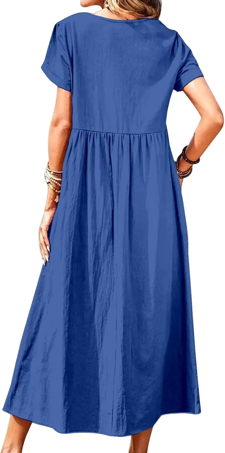 Linen Dresses for Women Summer Crew Neck Short Sleeve Maxi Dress Comfy Breathable Pleat Hem Beach Dress with Pockets