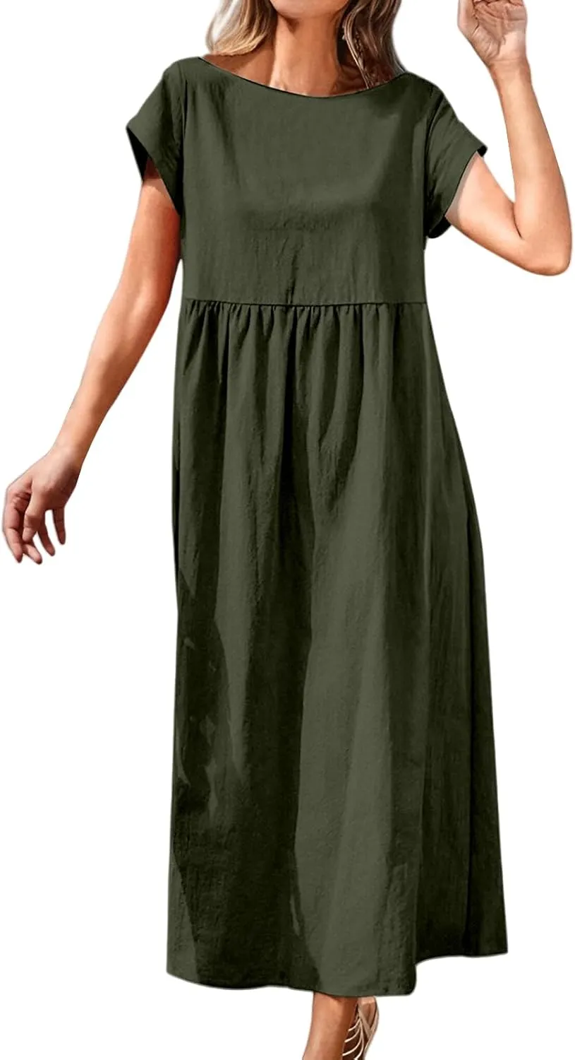 Linen Dresses for Women Summer Crew Neck Short Sleeve Maxi Dress Comfy Breathable Pleat Hem Beach Dress with Pockets