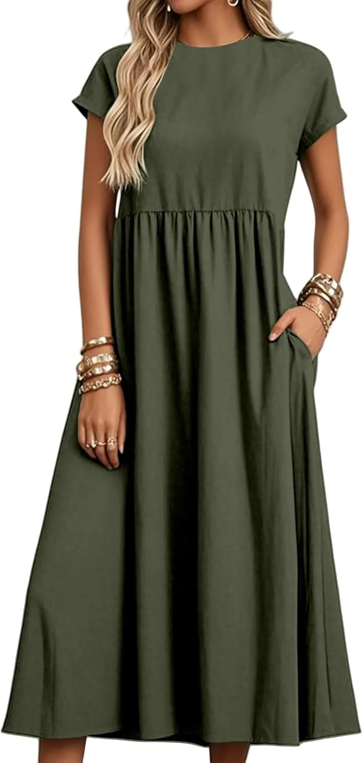 Linen Dresses for Women Summer Crew Neck Short Sleeve Maxi Dress Comfy Breathable Pleat Hem Beach Dress with Pockets