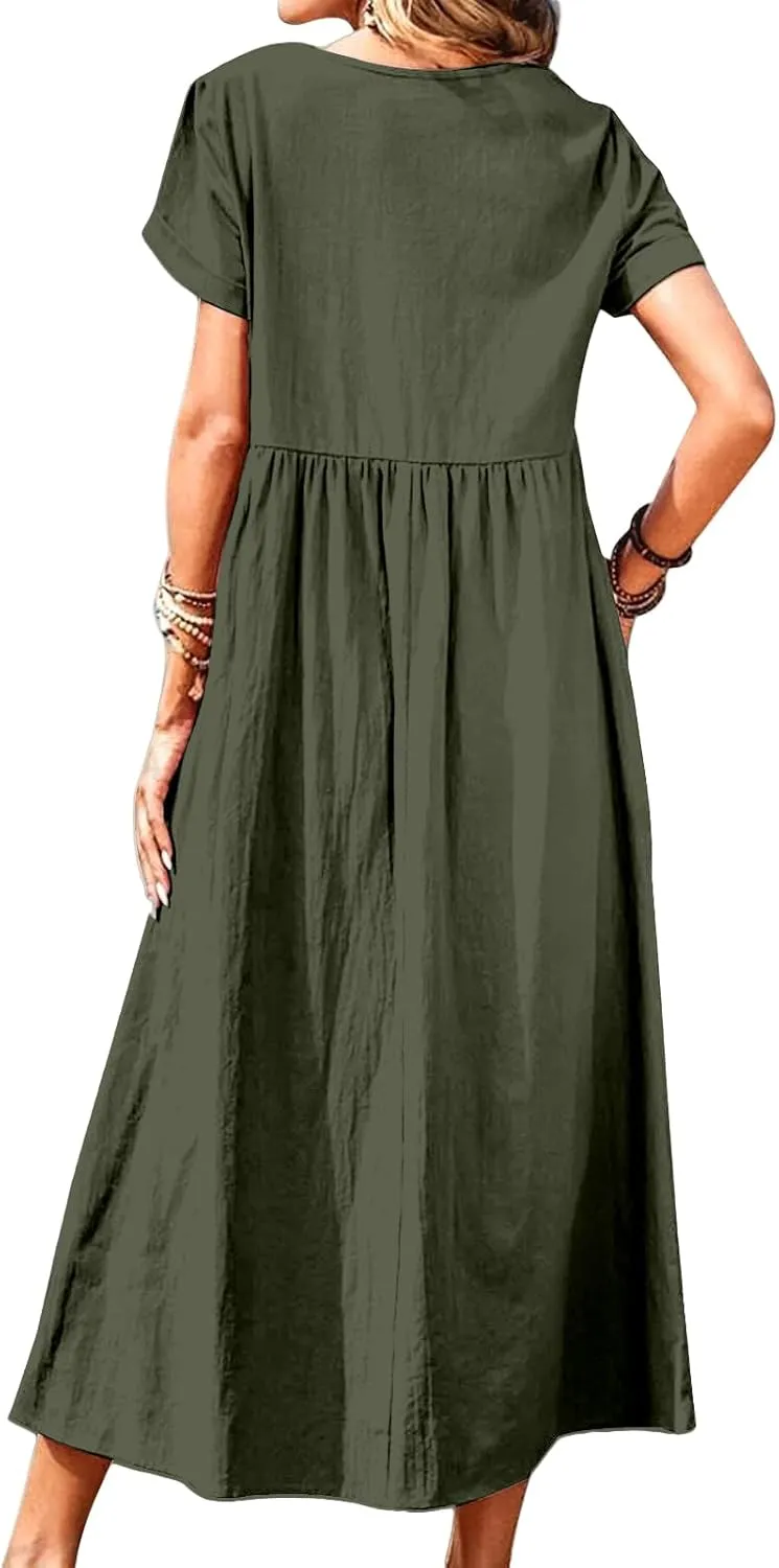 Linen Dresses for Women Summer Crew Neck Short Sleeve Maxi Dress Comfy Breathable Pleat Hem Beach Dress with Pockets