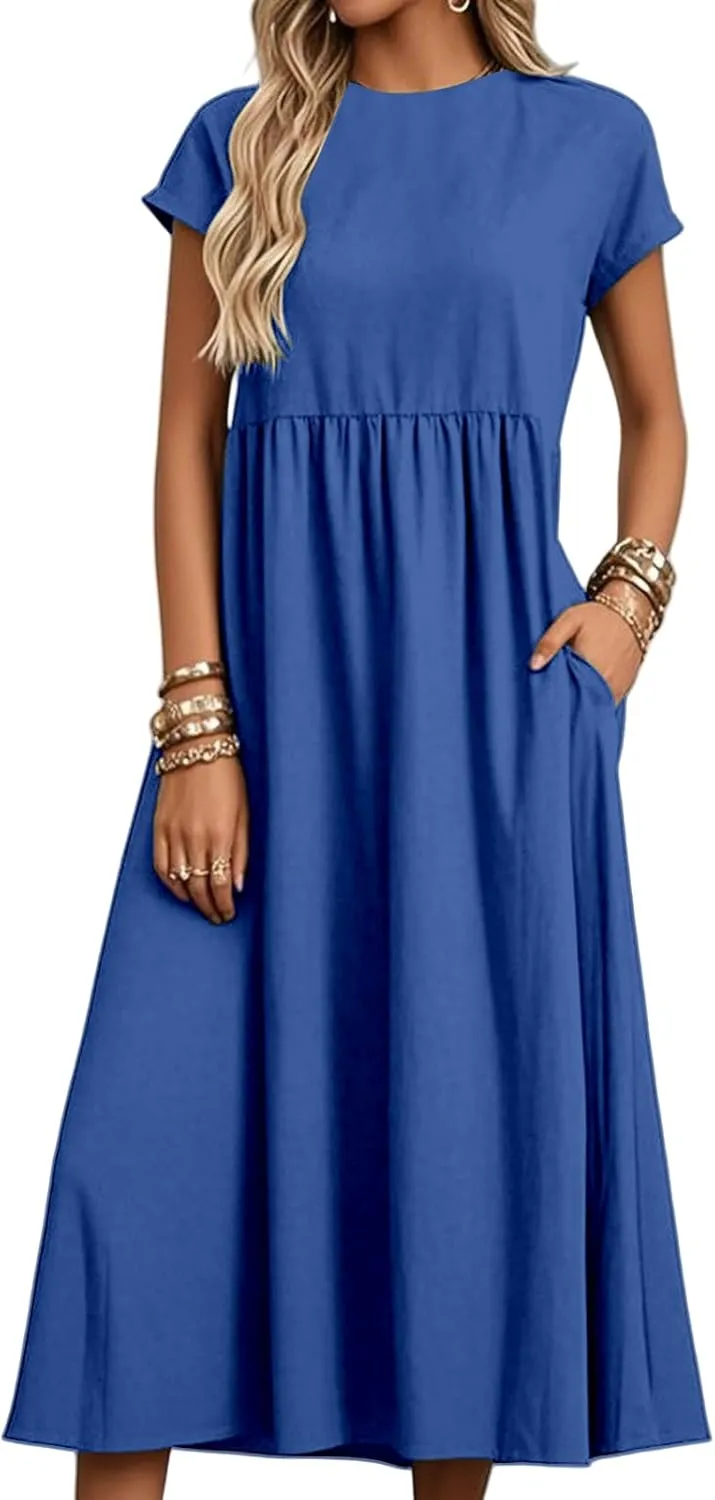Linen Dresses for Women Summer Crew Neck Short Sleeve Maxi Dress Comfy Breathable Pleat Hem Beach Dress with Pockets