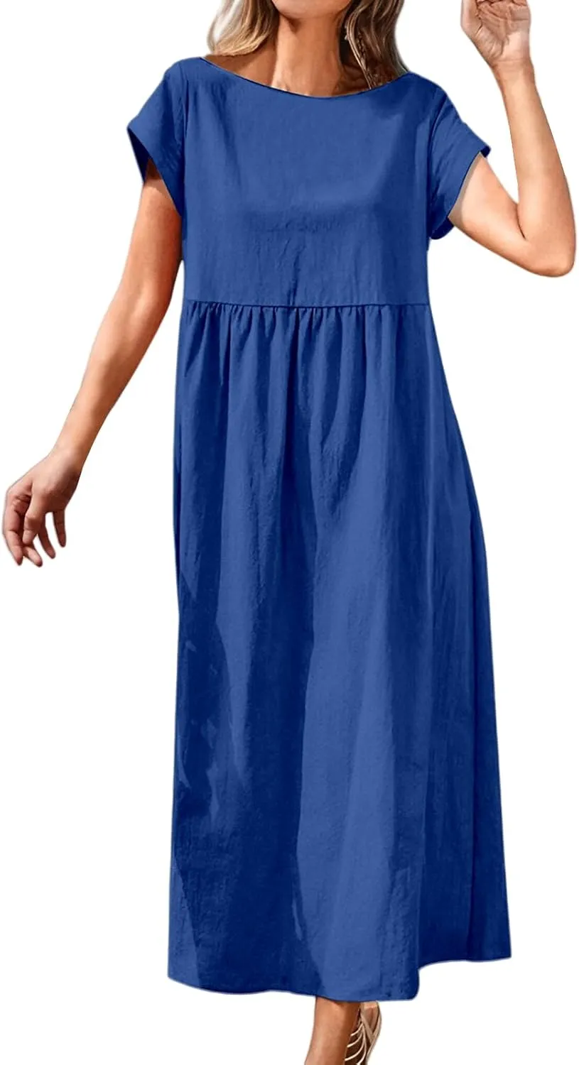 Linen Dresses for Women Summer Crew Neck Short Sleeve Maxi Dress Comfy Breathable Pleat Hem Beach Dress with Pockets