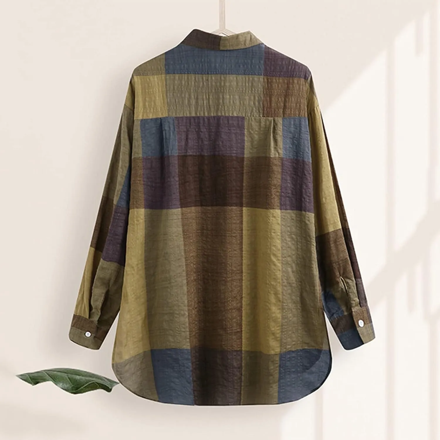 Linen Shirts for Women Top Sleeve Pocket Shirt Plaid Long Blouse Casual Women's Blouse Cotton Shirts for Women