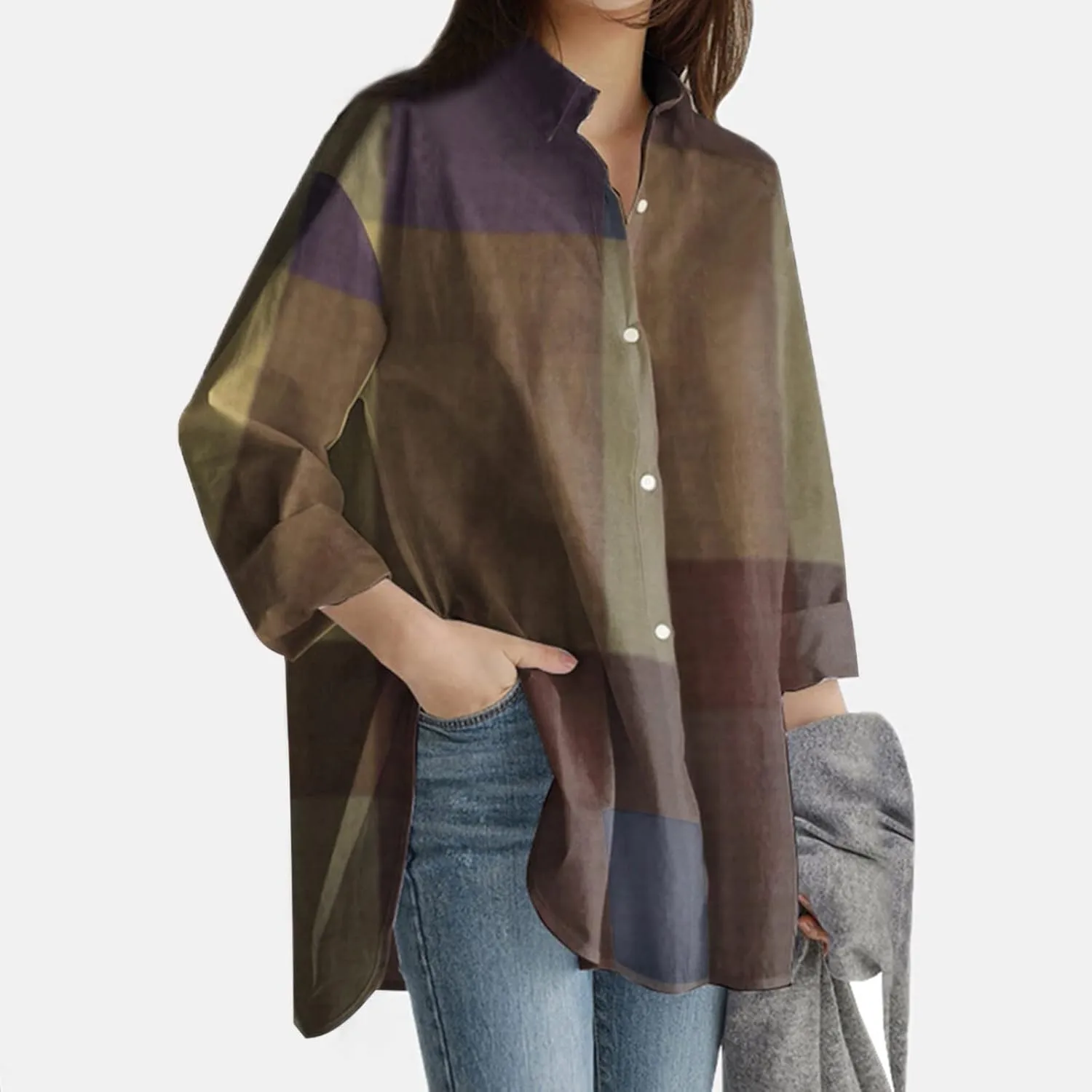Linen Shirts for Women Top Sleeve Pocket Shirt Plaid Long Blouse Casual Women's Blouse Cotton Shirts for Women