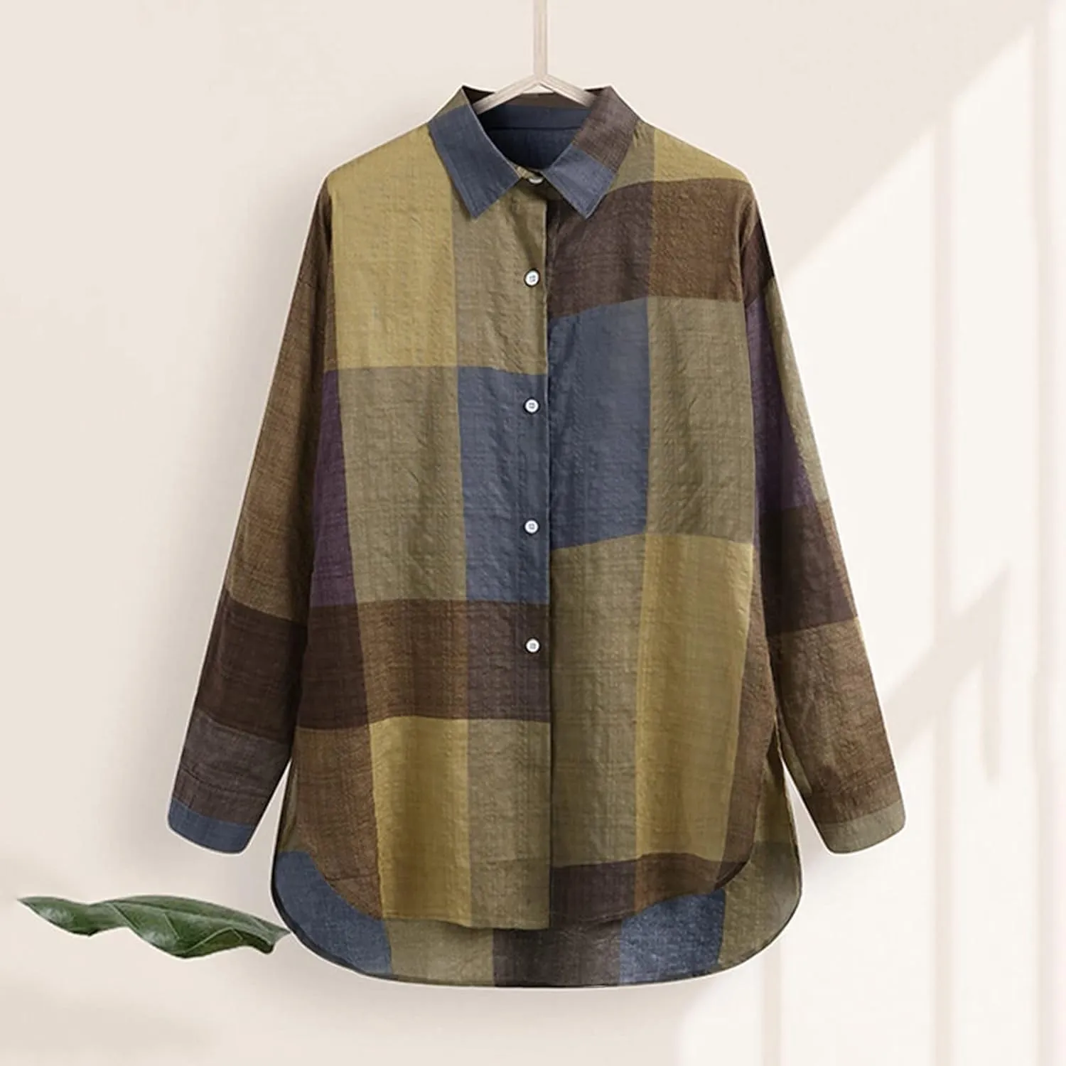 Linen Shirts for Women Top Sleeve Pocket Shirt Plaid Long Blouse Casual Women's Blouse Cotton Shirts for Women