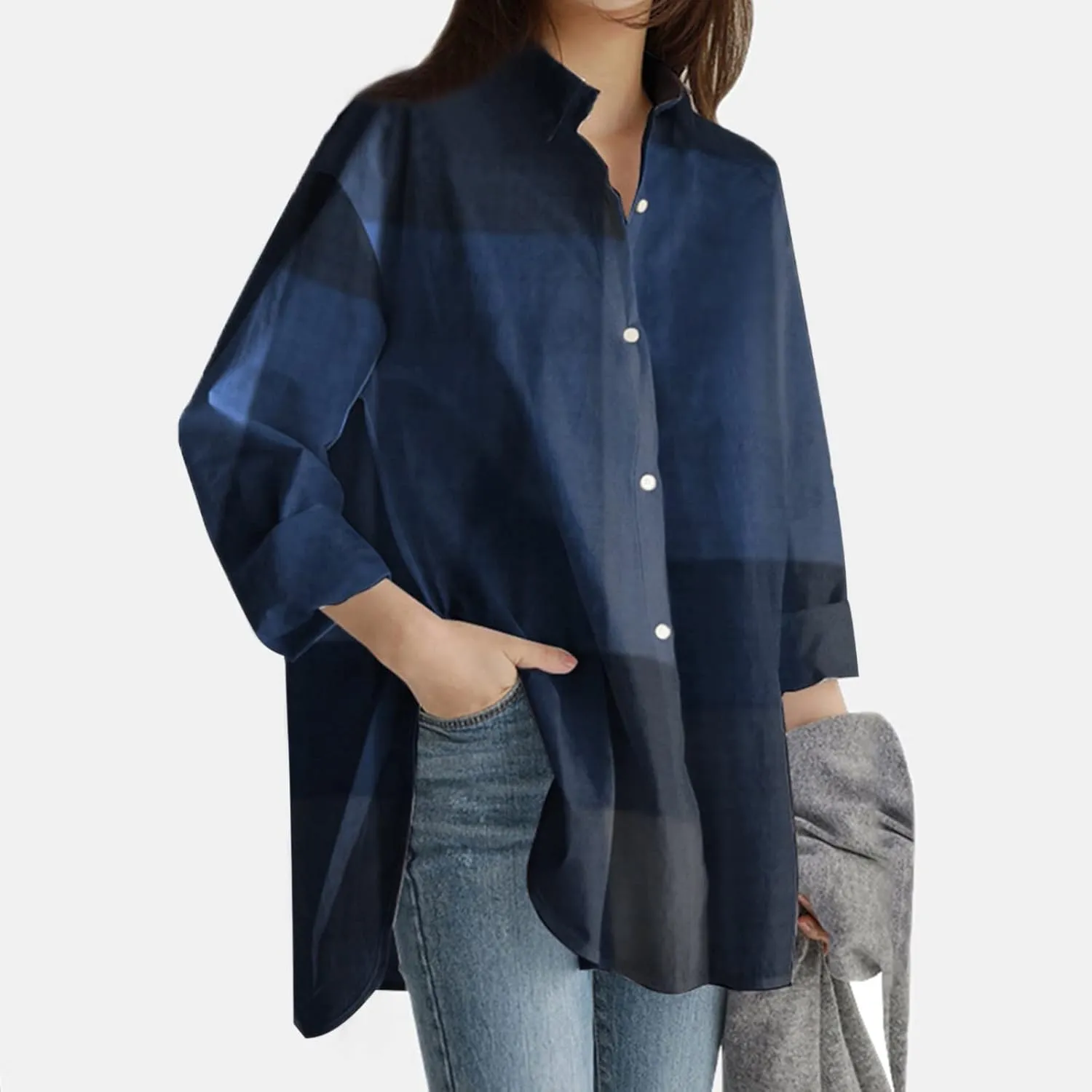 Linen Shirts for Women Top Sleeve Pocket Shirt Plaid Long Blouse Casual Women's Blouse Cotton Shirts for Women