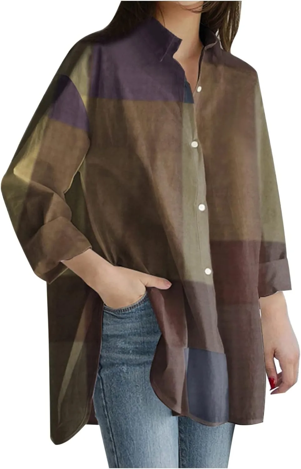 Linen Shirts for Women Top Sleeve Pocket Shirt Plaid Long Blouse Casual Women's Blouse Cotton Shirts for Women