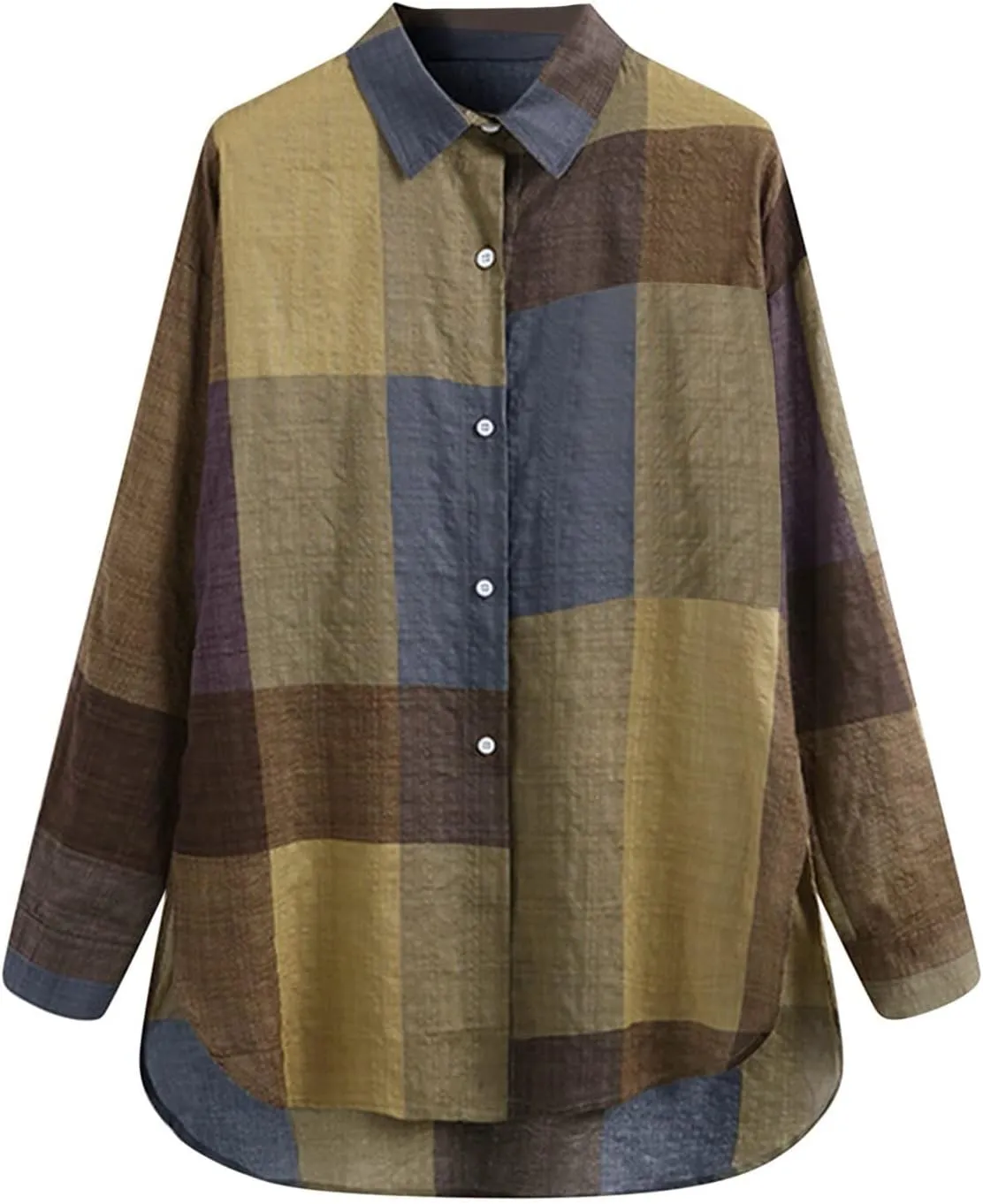 Linen Shirts for Women Top Sleeve Pocket Shirt Plaid Long Blouse Casual Women's Blouse Cotton Shirts for Women