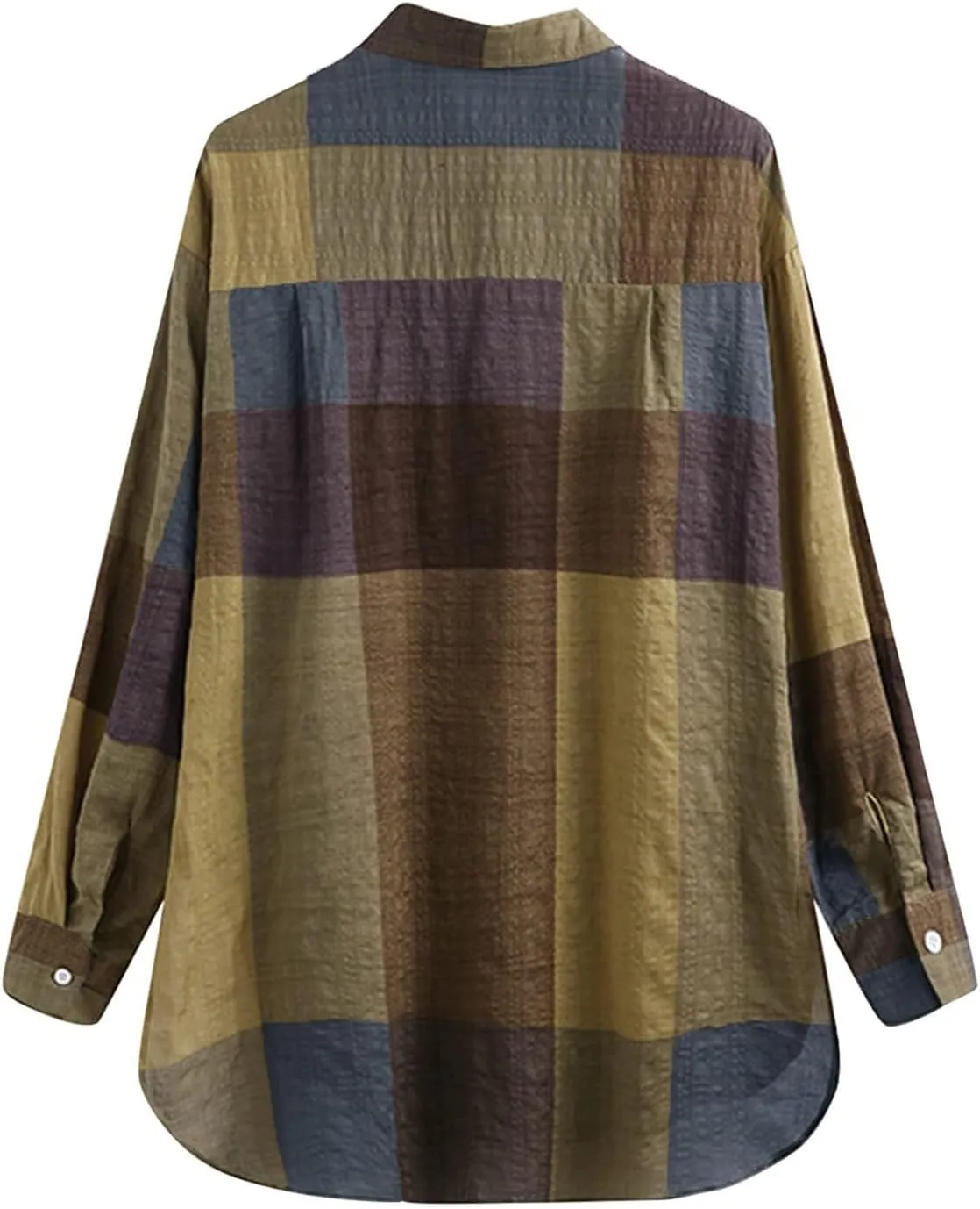 Linen Shirts for Women Top Sleeve Pocket Shirt Plaid Long Blouse Casual Women's Blouse Cotton Shirts for Women