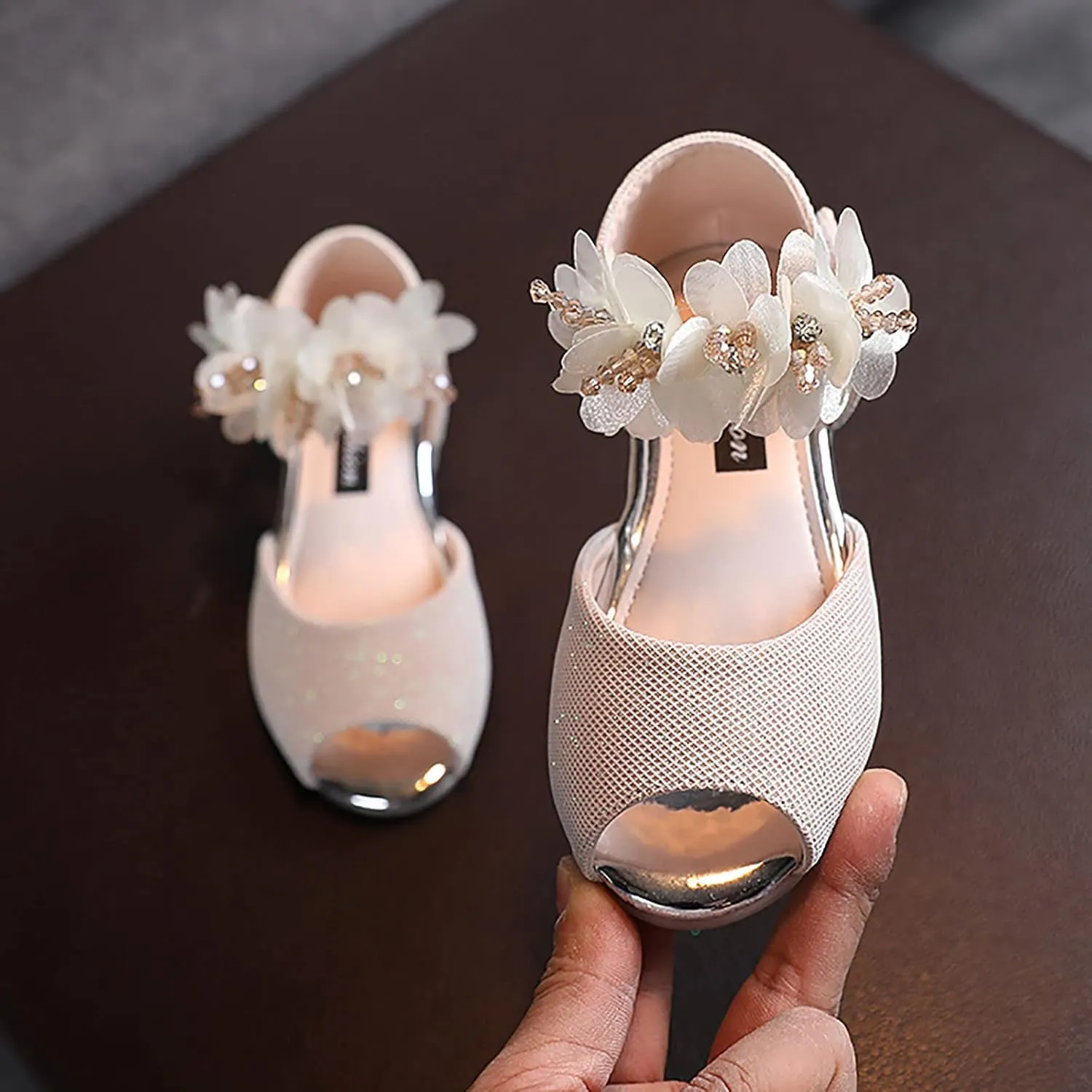 Little Girl Sock Slippers Girls Rhinestone Flower Shoes Low Heel Flower Wedding Party Dress Pump Rubber Kids