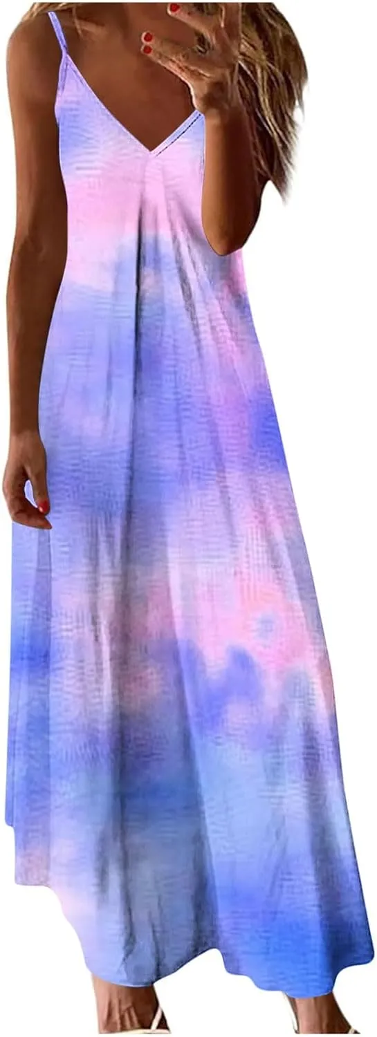 Maxi Dresses for Women 2025 Plus Size Sleeveless Spaghetti Strap Beach Boho Dress Flowy Long Dresses