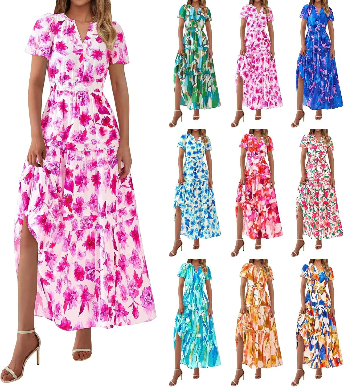 Maxi Dresses for Women 2025 V Neck Short Sleeve Boho Dress Tiered Smocked Floral Dress Flowy Beach Vacation Dresses