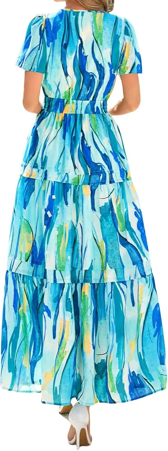 Maxi Dresses for Women 2025 V Neck Short Sleeve Boho Dress Tiered Smocked Floral Dress Flowy Beach Vacation Dresses