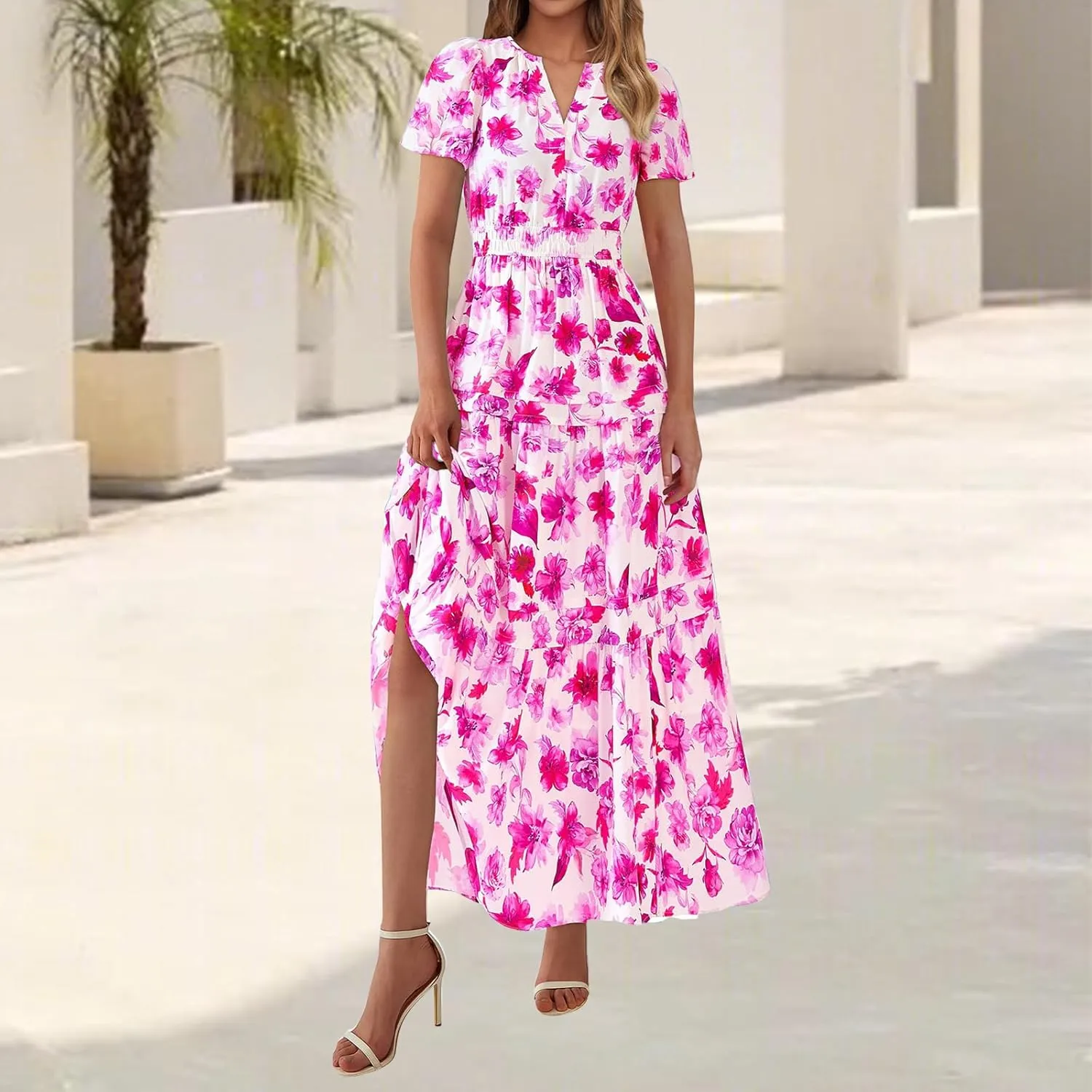 Maxi Dresses for Women 2025 V Neck Short Sleeve Boho Dress Tiered Smocked Floral Dress Flowy Beach Vacation Dresses