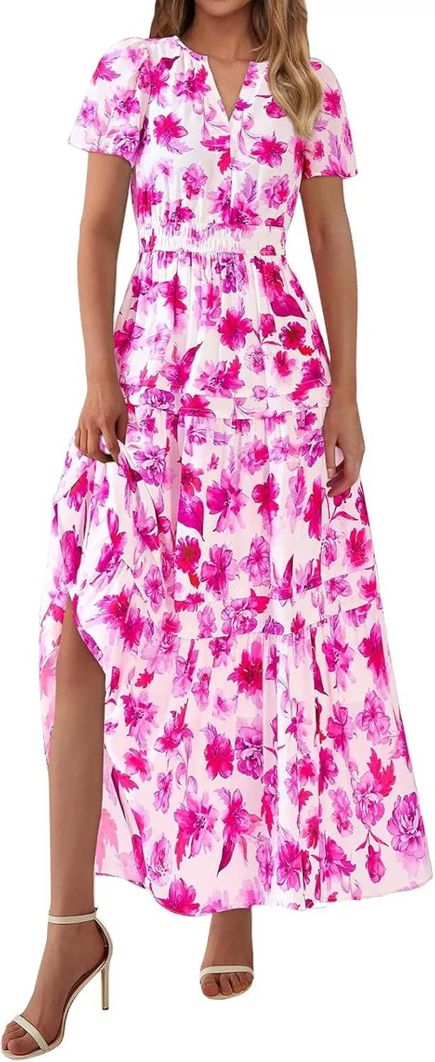 Maxi Dresses for Women 2025 V Neck Short Sleeve Boho Dress Tiered Smocked Floral Dress Flowy Beach Vacation Dresses