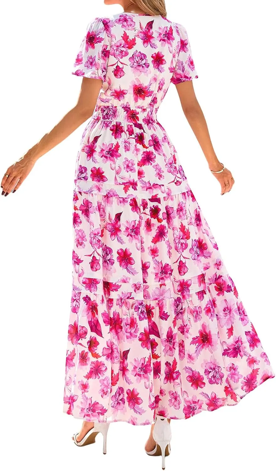Maxi Dresses for Women 2025 V Neck Short Sleeve Boho Dress Tiered Smocked Floral Dress Flowy Beach Vacation Dresses