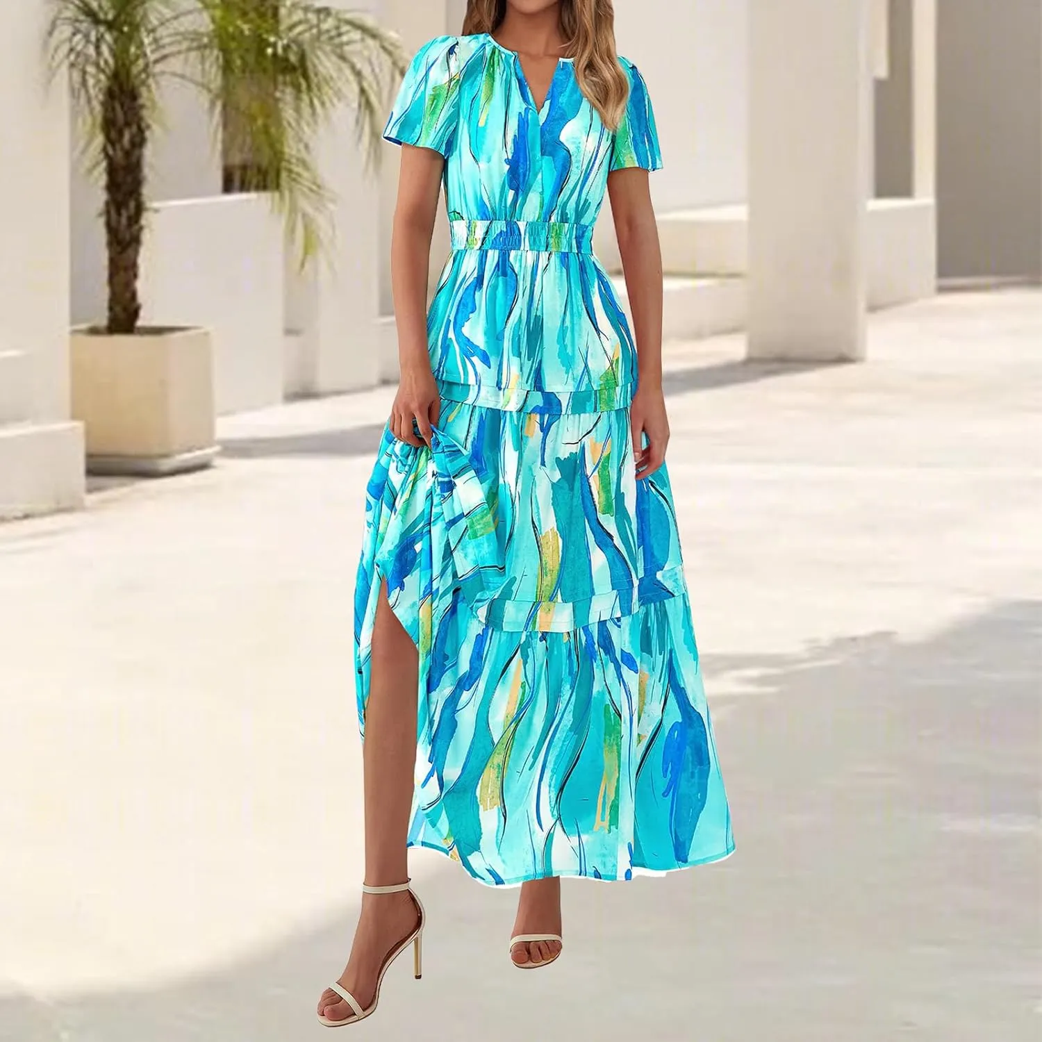Maxi Dresses for Women 2025 V Neck Short Sleeve Boho Dress Tiered Smocked Floral Dress Flowy Beach Vacation Dresses