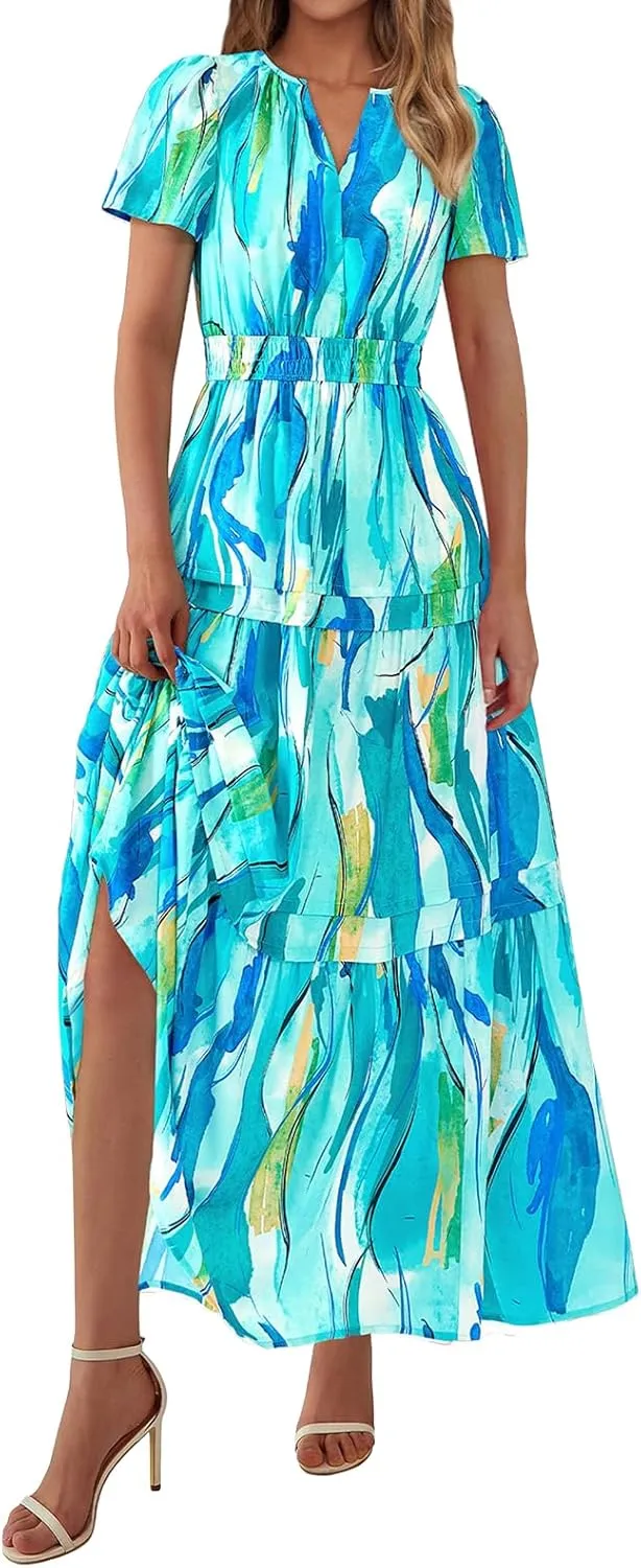 Maxi Dresses for Women 2025 V Neck Short Sleeve Boho Dress Tiered Smocked Floral Dress Flowy Beach Vacation Dresses