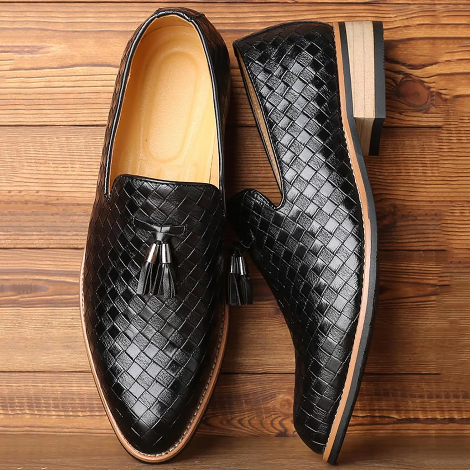 Men Fashion Woven Leather Dress Shoes Fashion Brown Black Penny Loafer Slip on Shoe Wedding Workout Hiking Beach Outfits Dressy