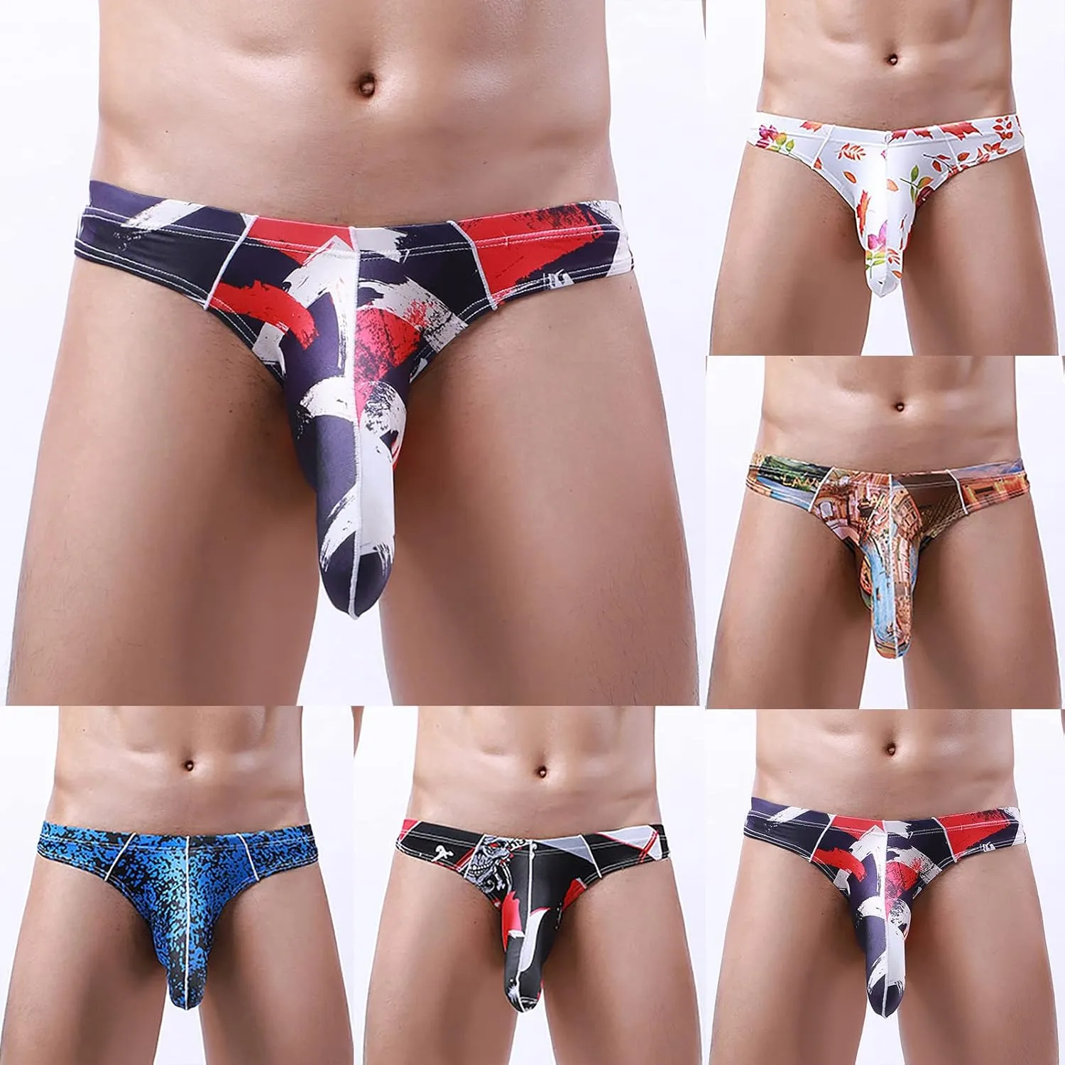 Men's Bulge Briefs Sexy Low Rise Pouch Bikini Underwear Print Long Pouch Elephant Pants