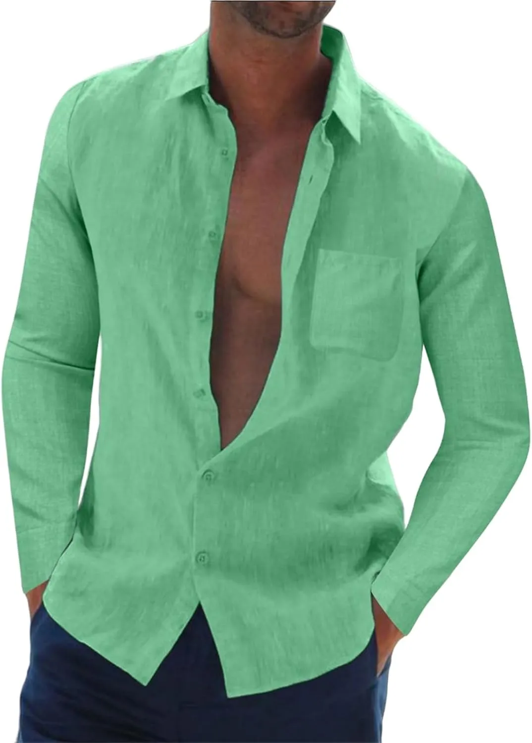 Mens Button Down Shirts Long Sleeve Linen Casual Breathable Muscle Fashion Tops Solid Summer Vacation Beach Blouses