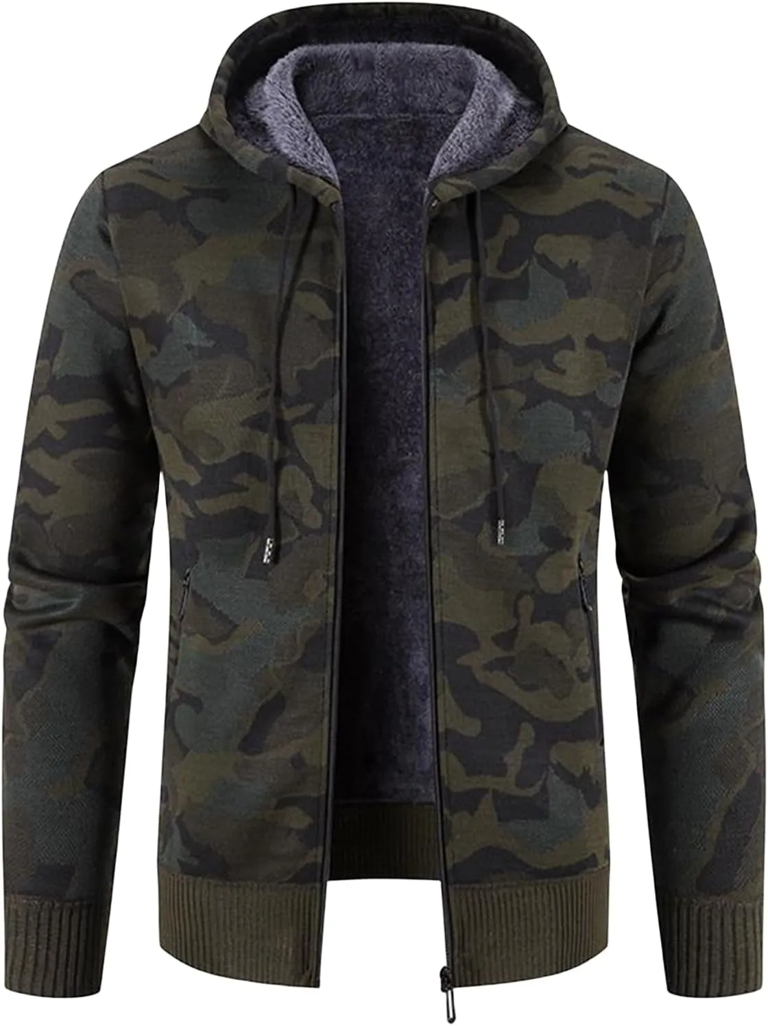 Men's Camo Full Zip Hoodies Athletic Soft Sherpa Lined Fleece Hooded Sweater Jackets Long Sleeve Sweatshirt Coats