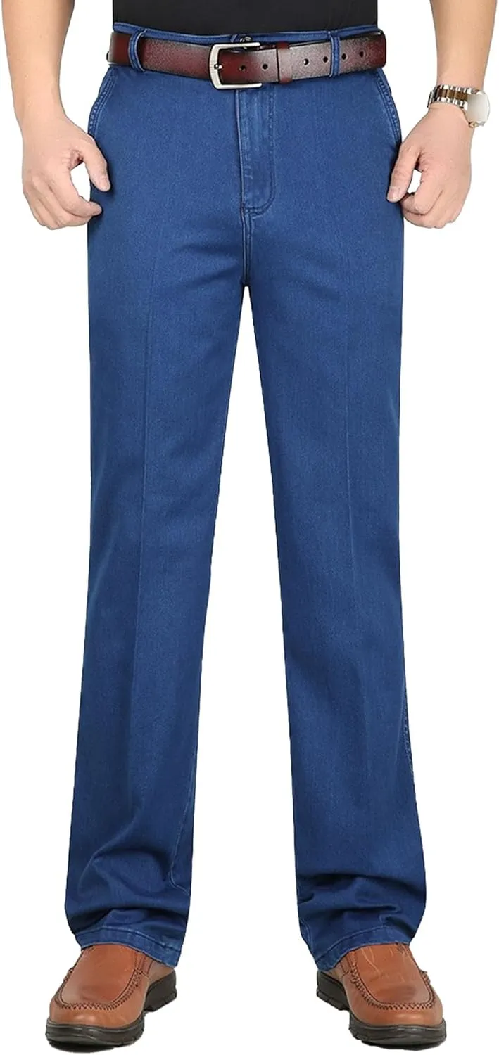 Mens Casual Loose Fit Elastic Waist Jeans Straight Essential Denim Jeans Pants Skinny Dress Pants with Zipper