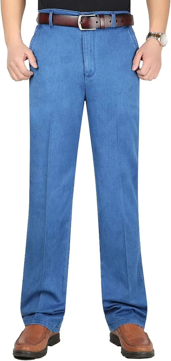 Mens Casual Loose Fit Elastic Waist Jeans Straight Essential Denim Jeans Pants Skinny Dress Pants with Zipper