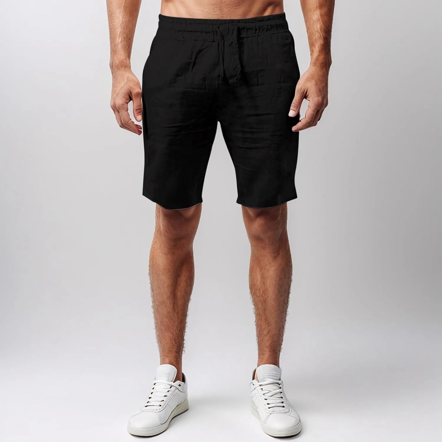 Men's Cotton Linen Shorts Breathable Elastic Waist Drawstring Lounge Shorts Lightweight Summer Beach Comfy Soft Short