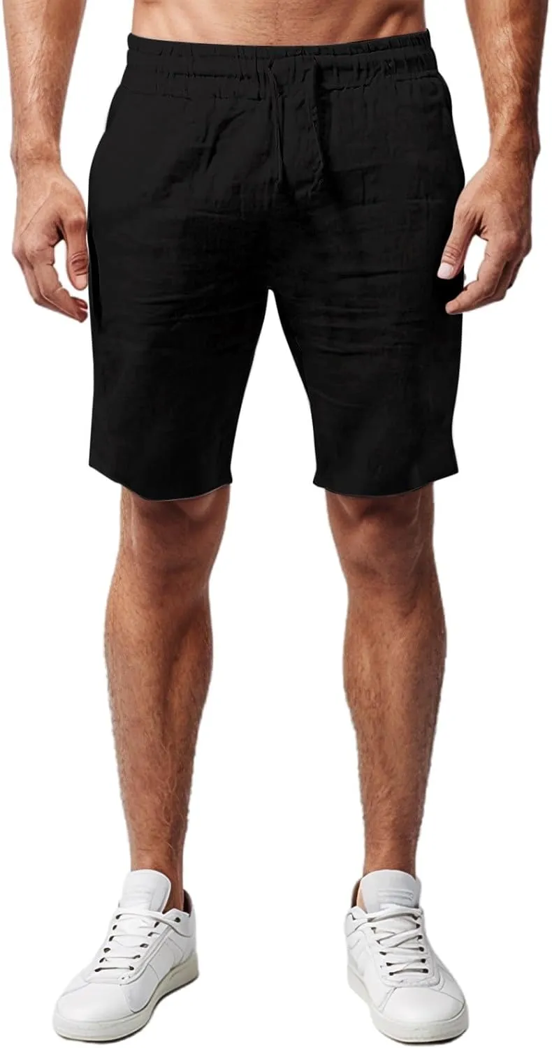 Men's Cotton Linen Shorts Breathable Elastic Waist Drawstring Lounge Shorts Lightweight Summer Beach Comfy Soft Short