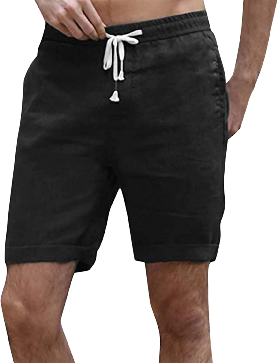Men's Cotton Linen Shorts Summer Breathable Beach Vacation Lounge Shorts Lightweight Stretchy Loose-Fit Casual Short Black XXXL