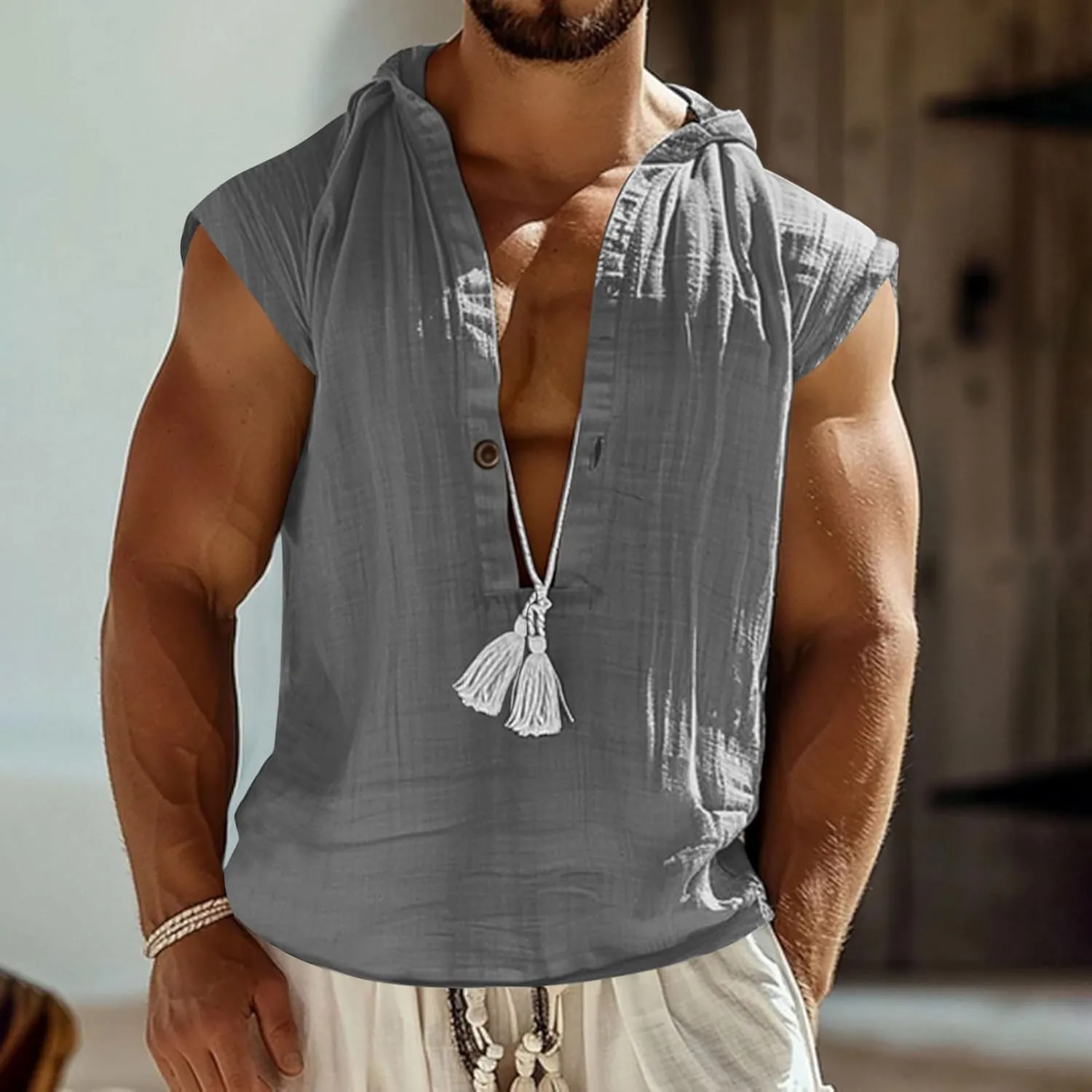 Men's Cotton Linen Tank Tops Hooded Drawstring Sleeveless Shirts Casual Button Down T-Shirts Summer Boho Beach Tanks