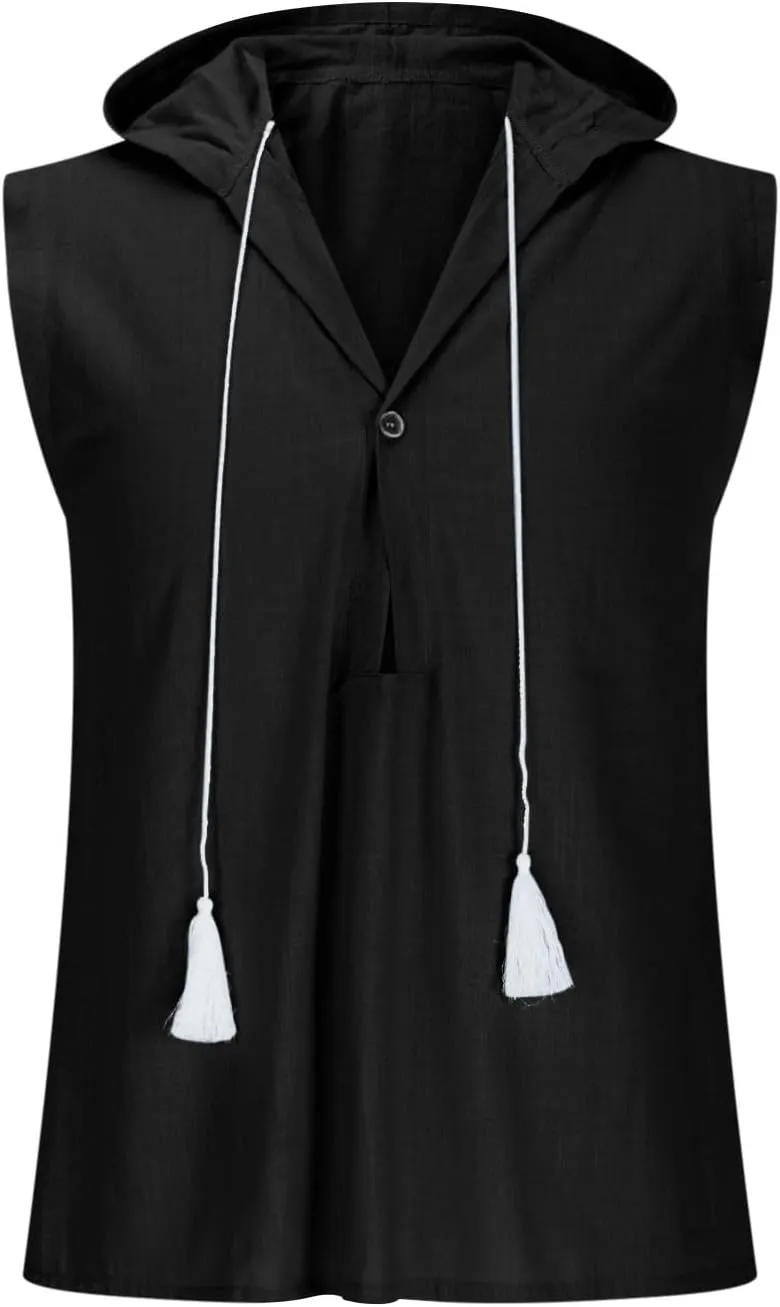 Men's Cotton Linen Tank Tops Hooded Drawstring Sleeveless Shirts Casual Button Down T-Shirts Summer Boho Beach Tanks