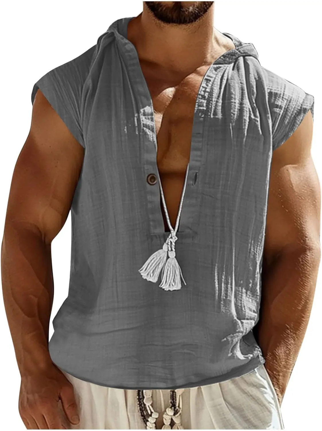 Men's Cotton Linen Tank Tops Hooded Drawstring Sleeveless Shirts Casual Button Down T-Shirts Summer Boho Beach Tanks