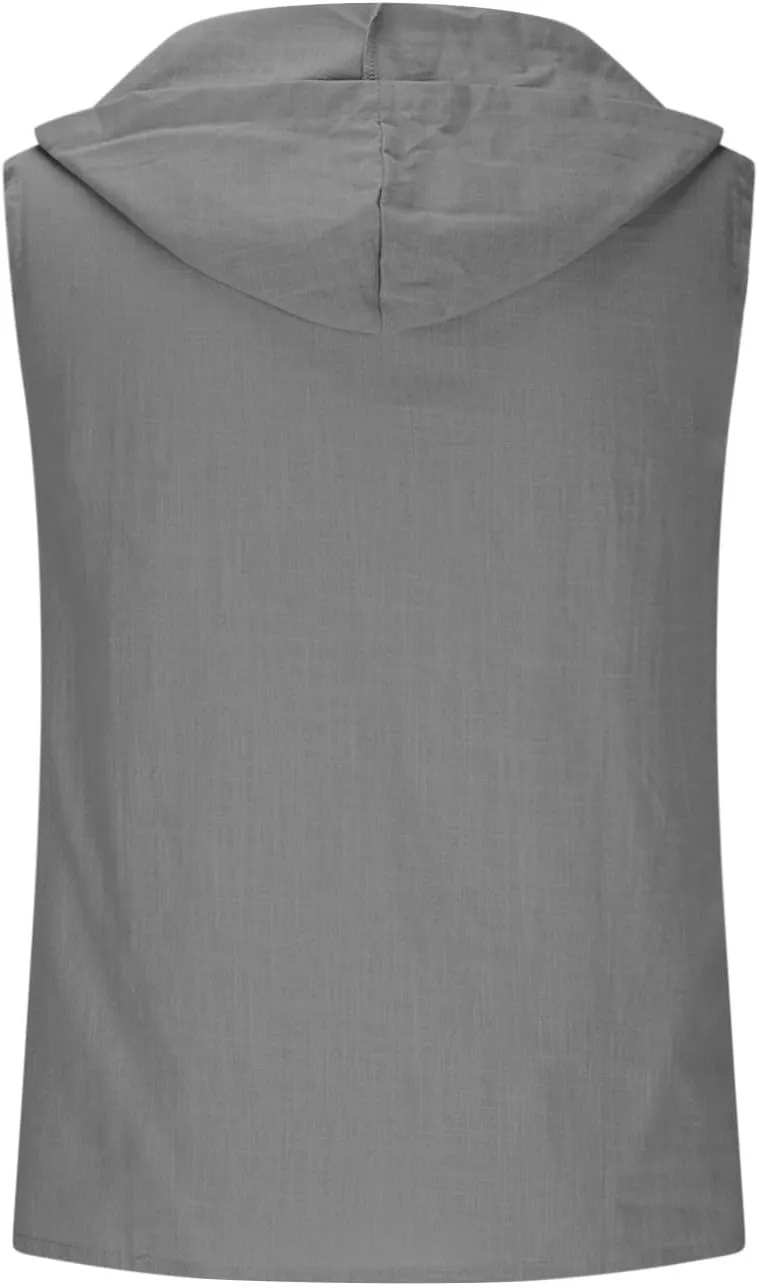 Men's Cotton Linen Tank Tops Hooded Drawstring Sleeveless Shirts Casual Button Down T-Shirts Summer Boho Beach Tanks