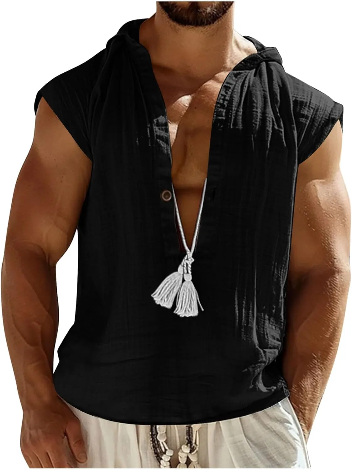 Men's Cotton Linen Tank Tops Hooded Drawstring Sleeveless Shirts Casual Button Down T-Shirts Summer Boho Beach Tanks