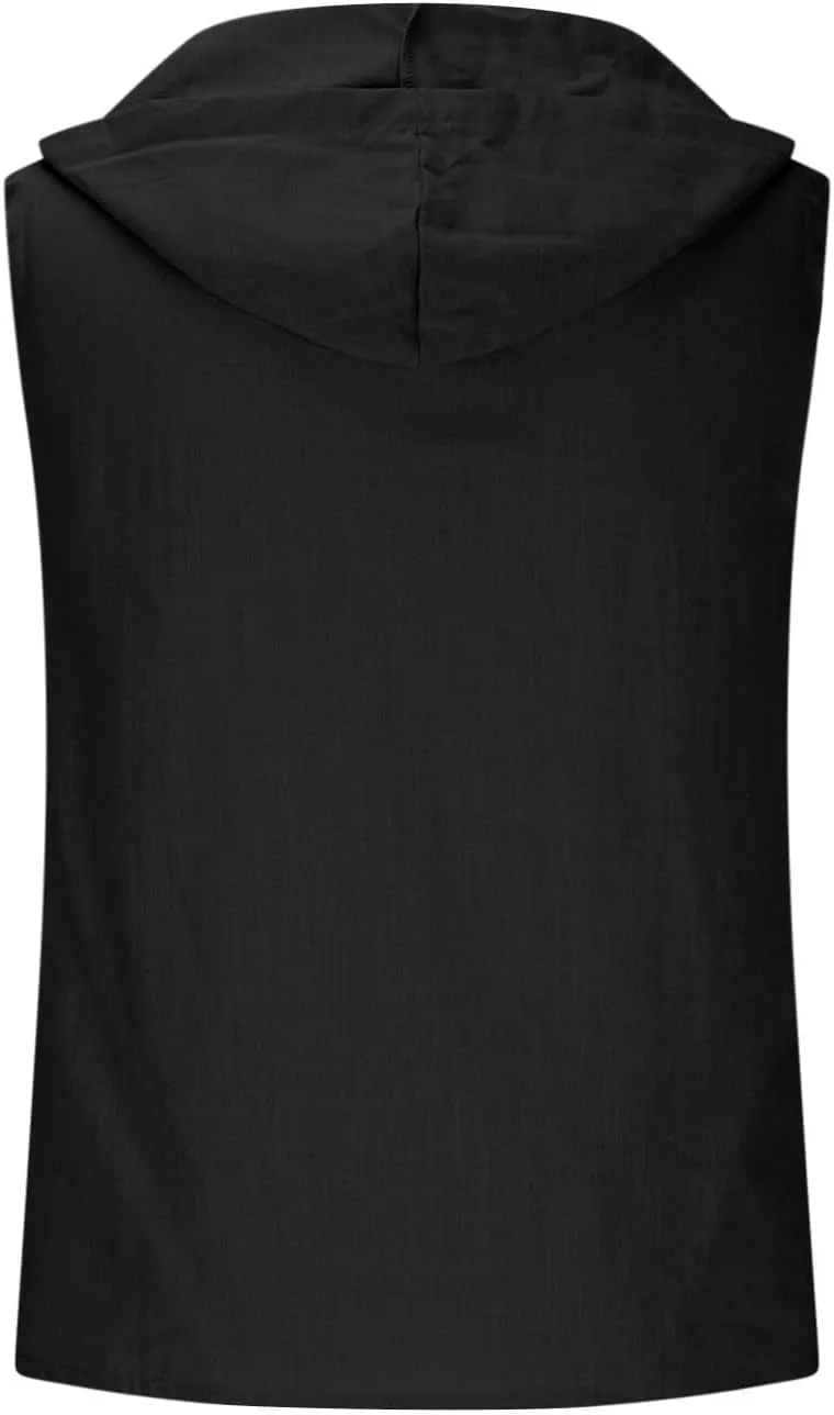 Men's Cotton Linen Tank Tops Hooded Drawstring Sleeveless Shirts Casual Button Down T-Shirts Summer Boho Beach Tanks