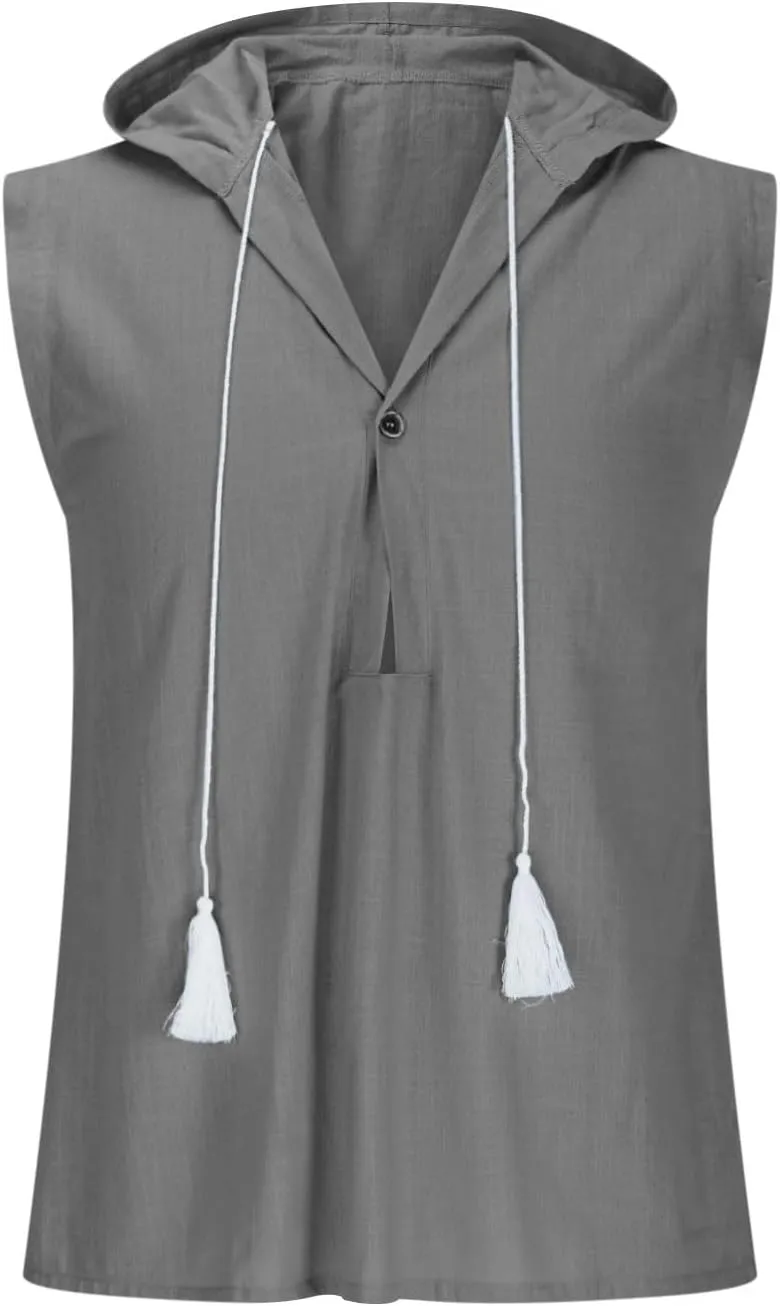 Men's Cotton Linen Tank Tops Hooded Drawstring Sleeveless Shirts Casual Button Down T-Shirts Summer Boho Beach Tanks