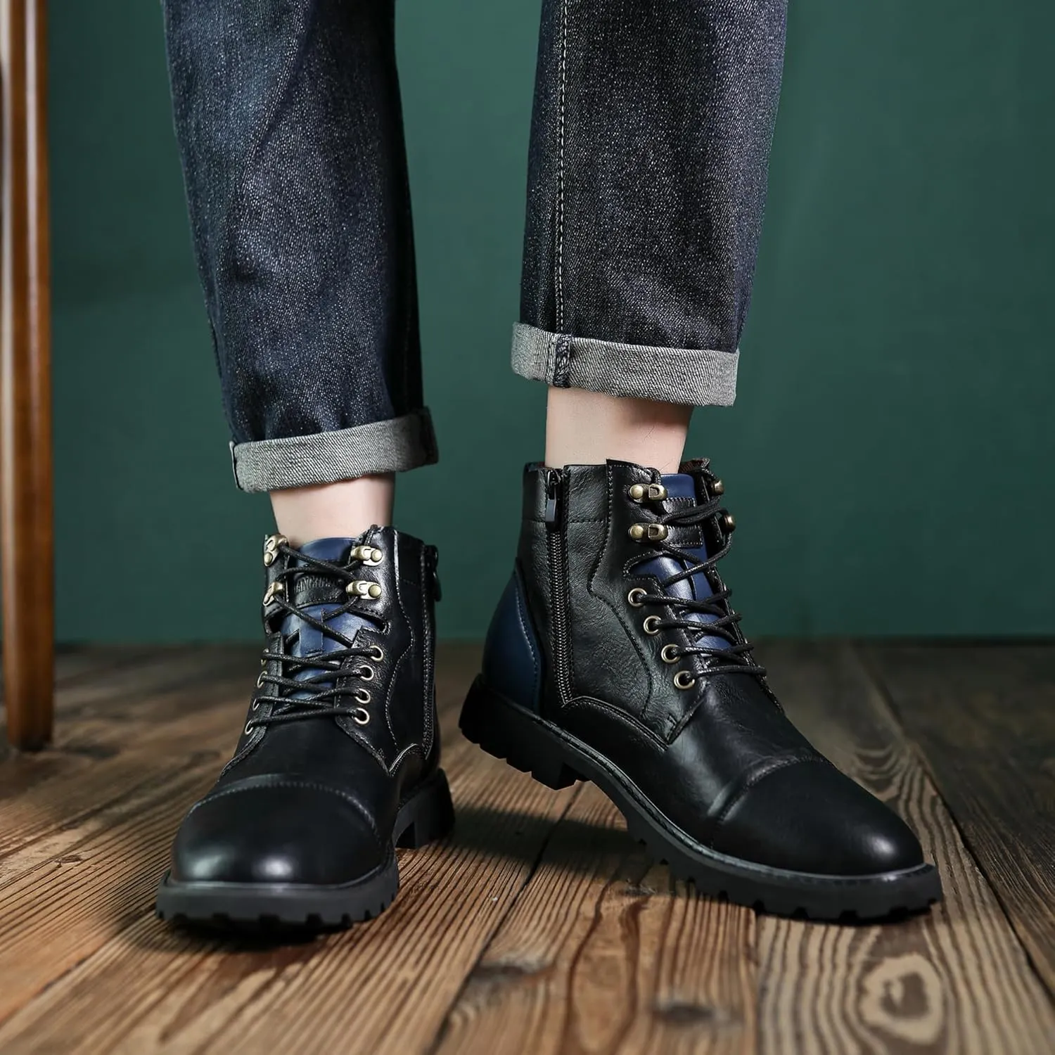 Mens Dress Boots Platform Motorcycle Boots with Side Zipper PU Leather Lace Up Combat Boots