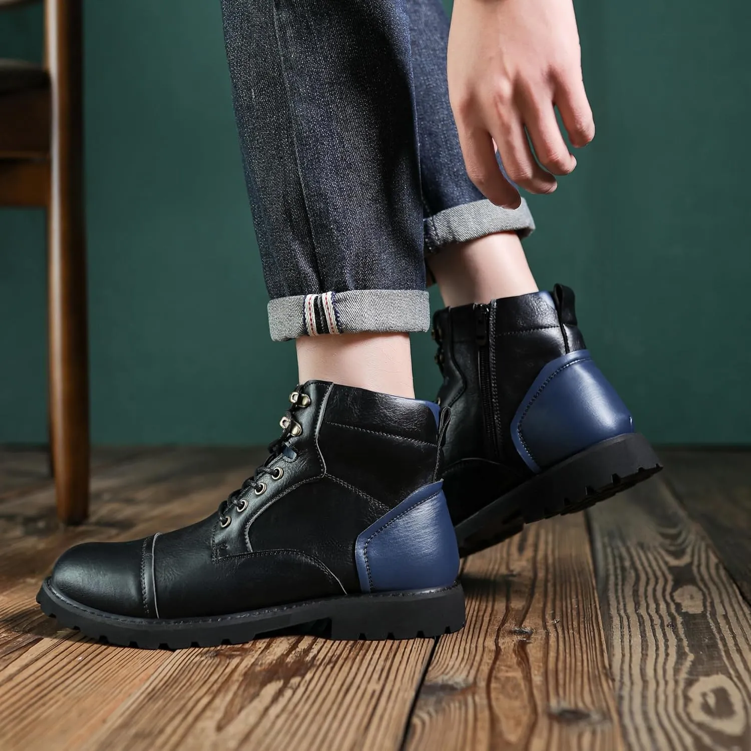 Mens Dress Boots Platform Motorcycle Boots with Side Zipper PU Leather Lace Up Combat Boots