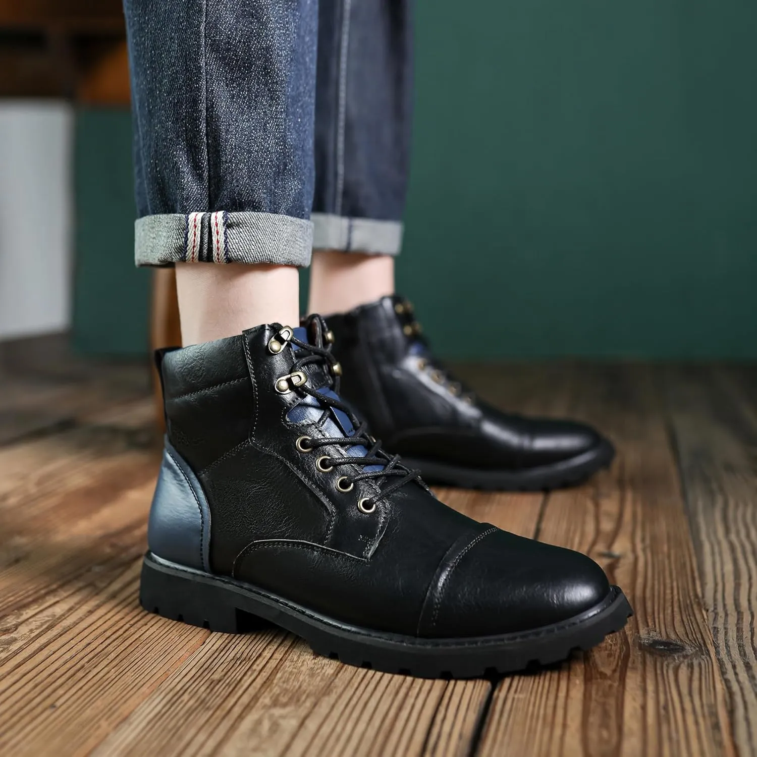 Mens Dress Boots Platform Motorcycle Boots with Side Zipper PU Leather Lace Up Combat Boots