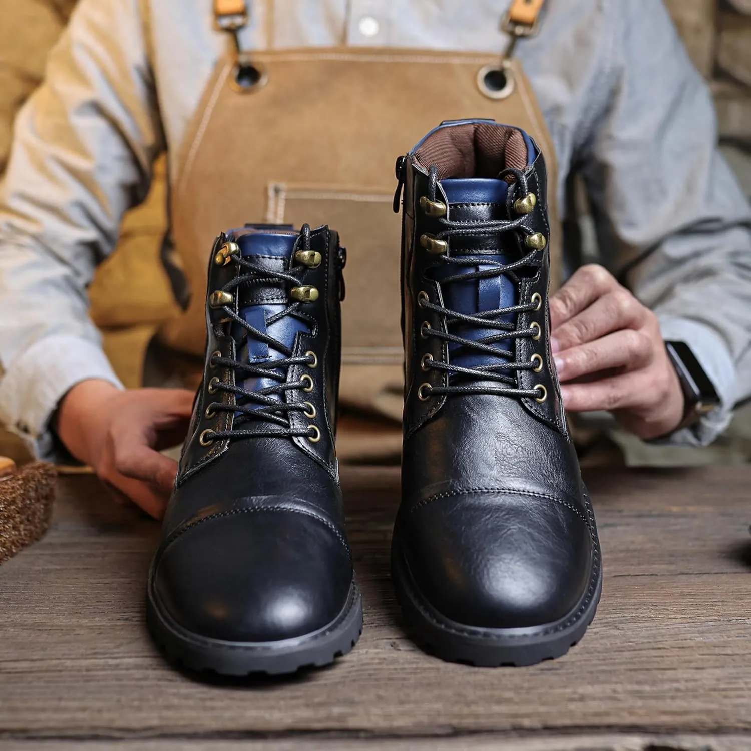Mens Dress Boots Platform Motorcycle Boots with Side Zipper PU Leather Lace Up Combat Boots