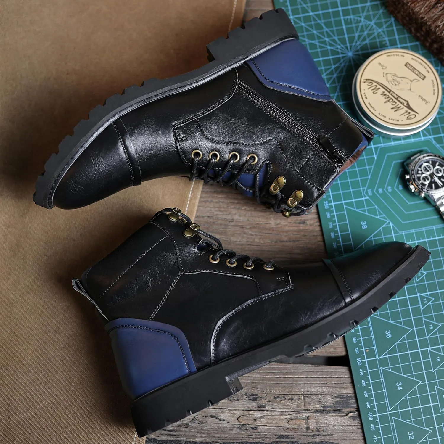 Mens Dress Boots Platform Motorcycle Boots with Side Zipper PU Leather Lace Up Combat Boots