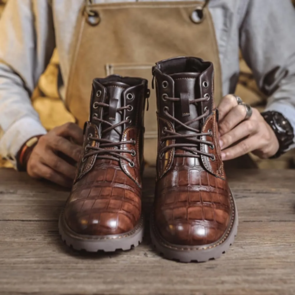 Mens Fashion Combat Boots Zipper Platform Lace Up Motorcycle Boots with Side PU Leather Dress Boot