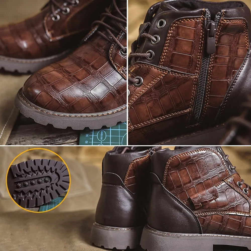 Mens Fashion Combat Boots Zipper Platform Lace Up Motorcycle Boots with Side PU Leather Dress Boot